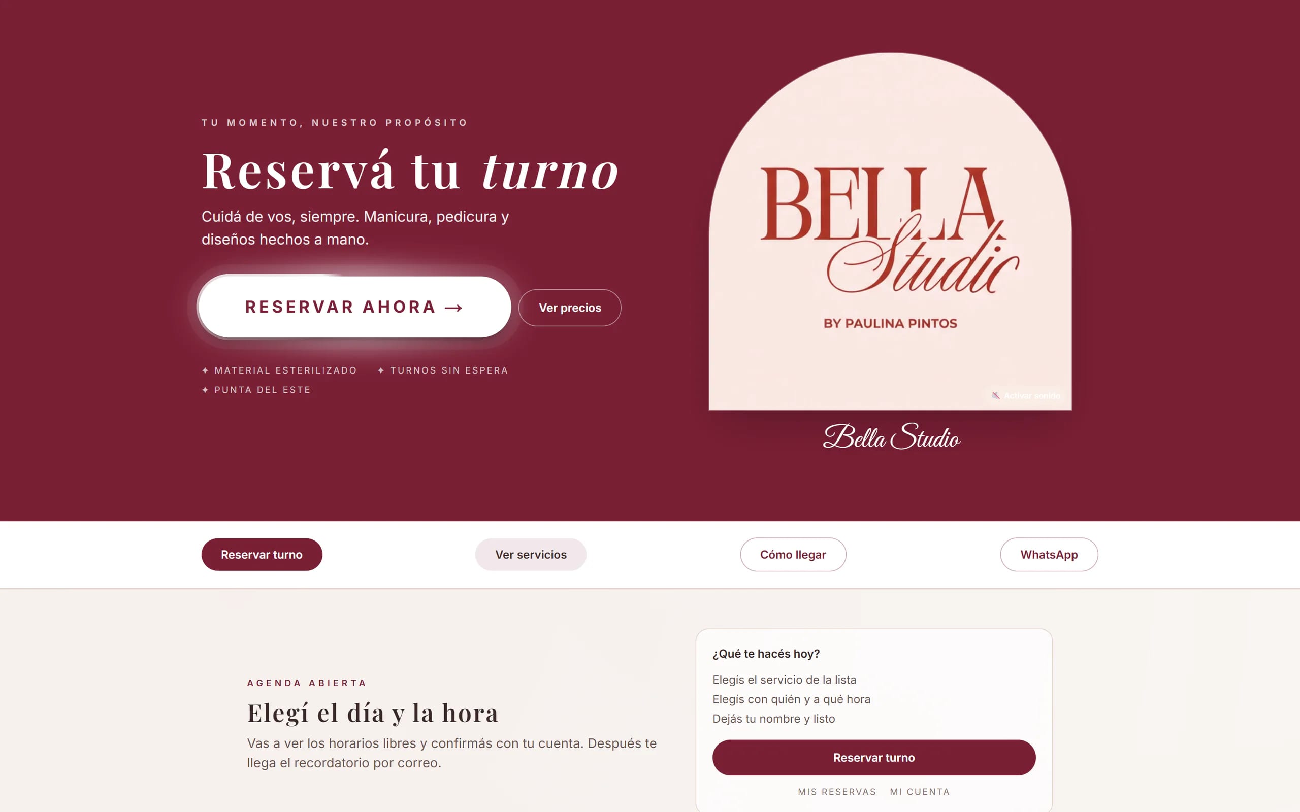 Portada de Bella Studio: el logotipo del estudio en el arco y el acceso a reservas.